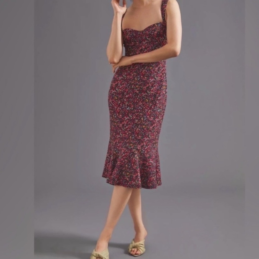 ANTHROPOLOGIE HUTCH Size M Floral Sweetheart Ruffle Mermaid Midi Dress Red Pink